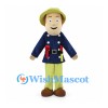 Farmer Mascot Costume with Green Hat Navy Coat and Tool Belt