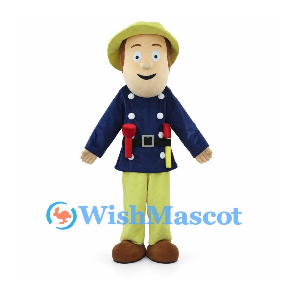 Farmer Mascot Costume with Green Hat Navy Coat and Tool Belt
