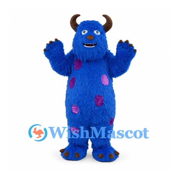 Monster Mascot Costume in Blue with Purple Spots and Brown Horns