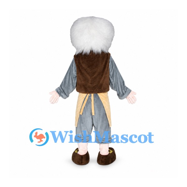 Grandfather Mascot Costume with White Hair Brown Vest and Yellow Apron