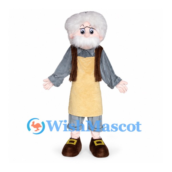 Grandfather Mascot Costume with White Hair Brown Vest and Yellow Apron