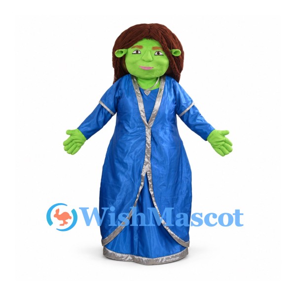Ogre Princess Mascot Costume with Green Face and Blue Gown