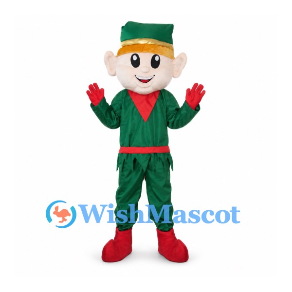 Christmas Elf Mascot Costume with Green Suit and Red Gloves