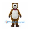 Bear Mascot Costume in Brown with Cream Belly and Purple Bow Tie