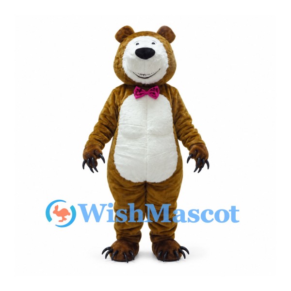 Bear Mascot Costume in Brown with Cream Belly and Purple Bow Tie