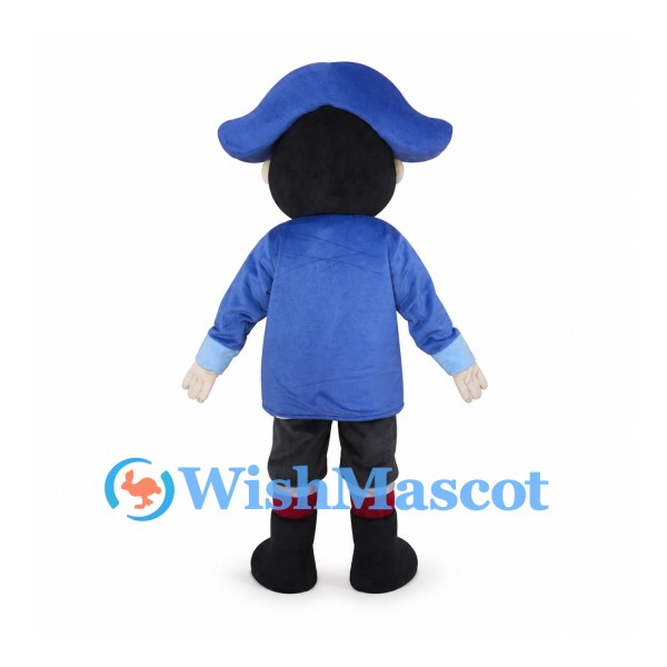 Pirate Boy Mascot Costume with Blue Hat and Red Striped Shirt