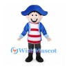 Pirate Boy Mascot Costume with Blue Hat and Red Striped Shirt