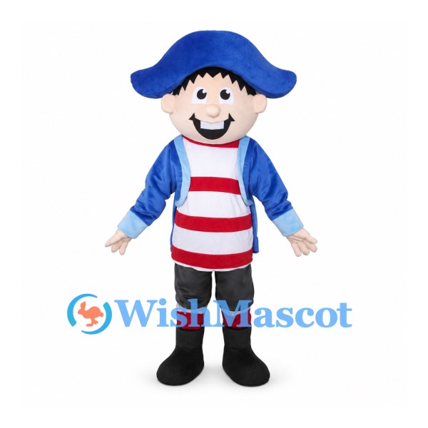 Pirate Boy Mascot Costume with Blue Hat and Red Striped Shirt