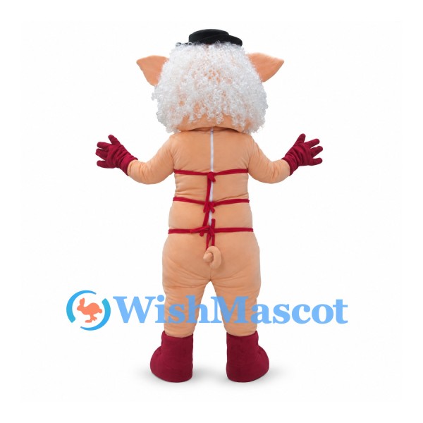 Pig Mascot Costume with Meat Cut Markings and Black Hat