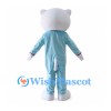 Cat Mascot Costume in White with Light Blue Suit and Pink Shirt