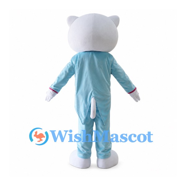 Cat Mascot Costume in White with Light Blue Suit and Pink Shirt