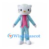 Cat Mascot Costume in White with Light Blue Suit and Pink Shirt