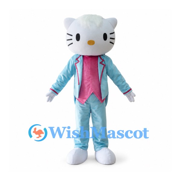 Cat Mascot Costume in White with Light Blue Suit and Pink Shirt