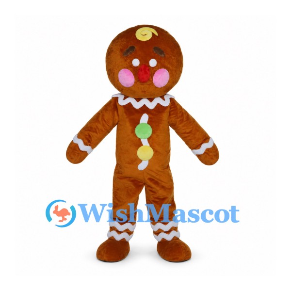 Gingerbread Man Mascot Costume with White Icing Trim and Colorful Buttons