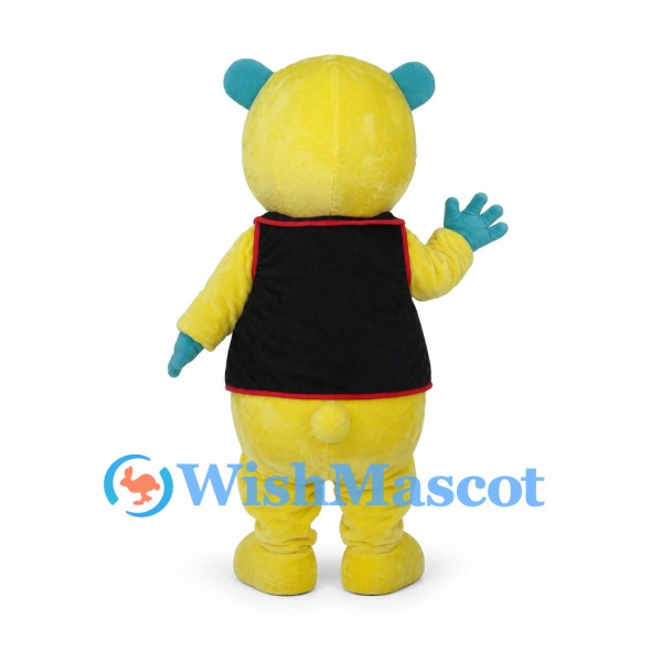 Bear Mascot Costume in Yellow with Teal Ears and Black Vest