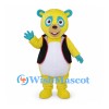 Bear Mascot Costume in Yellow with Teal Ears and Black Vest