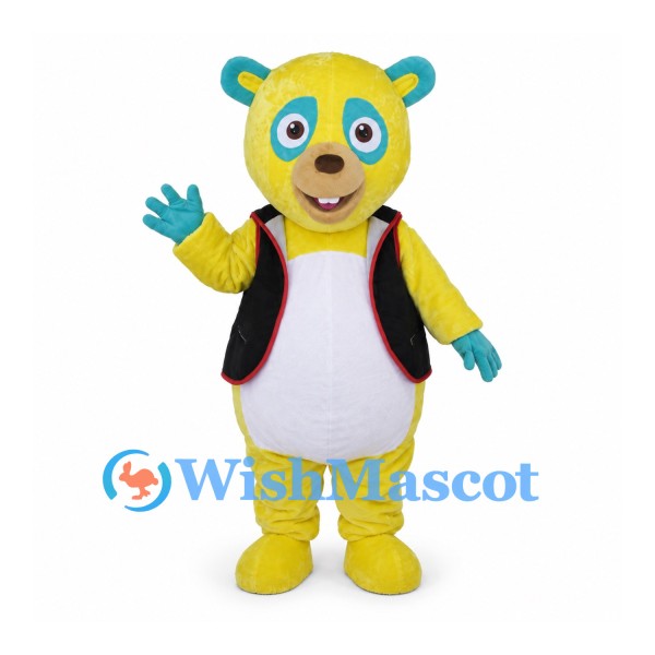 Bear Mascot Costume in Yellow with Teal Ears and Black Vest