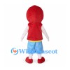 Girl Mascot Costume with Red Hooded Vest Yellow Shirt and Blue Shorts