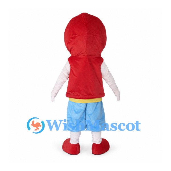 Girl Mascot Costume with Red Hooded Vest Yellow Shirt and Blue Shorts