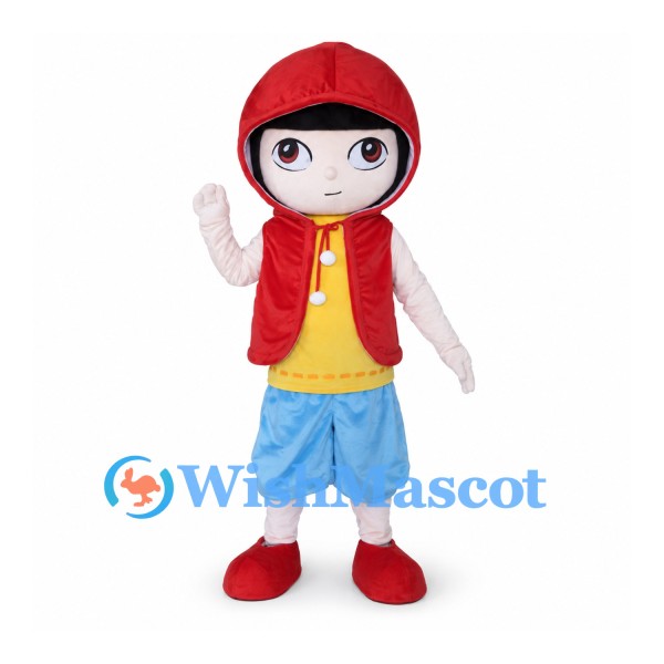 Girl Mascot Costume with Red Hooded Vest Yellow Shirt and Blue Shorts