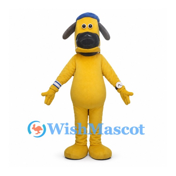 Dog Mascot Costume in Yellow with Blue Cap and Cuffs