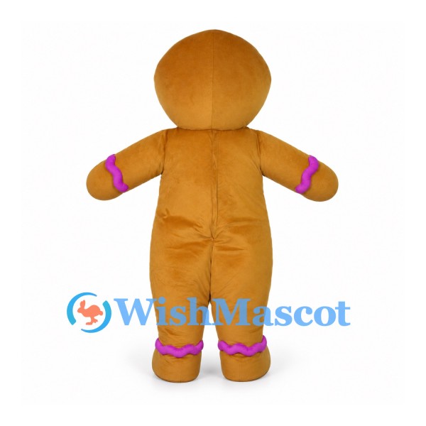 Gingerbread Man Mascot Costume with Pink Icing Decorations