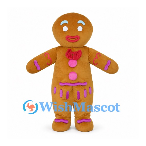 Gingerbread Man Mascot Costume with Pink Icing Decorations