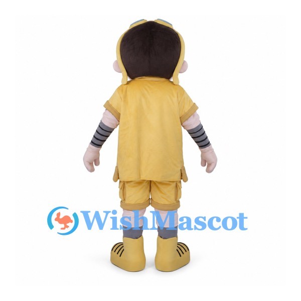 Explorer Boy Mascot Costume with Yellow Outfit and Aviator Goggles