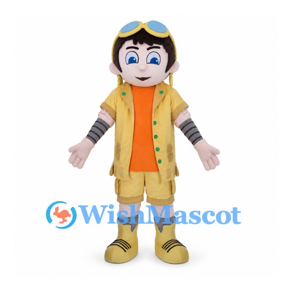 Explorer Boy Mascot Costume with Yellow Outfit and Aviator Goggles