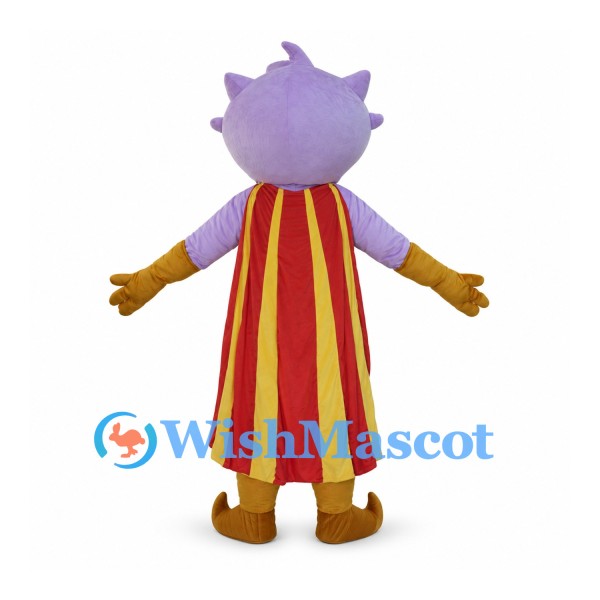 Superhero Creature Mascot Costume with Purple Star Head and Striped Cape