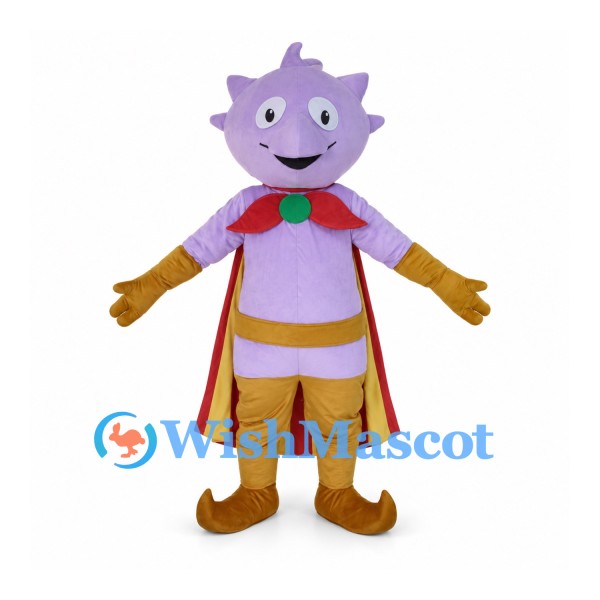 Superhero Creature Mascot Costume with Purple Star Head and Striped Cape