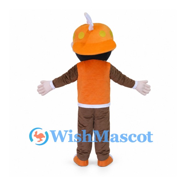 Boy Mascot Costume with Orange Horned Hat and Brown Outfit