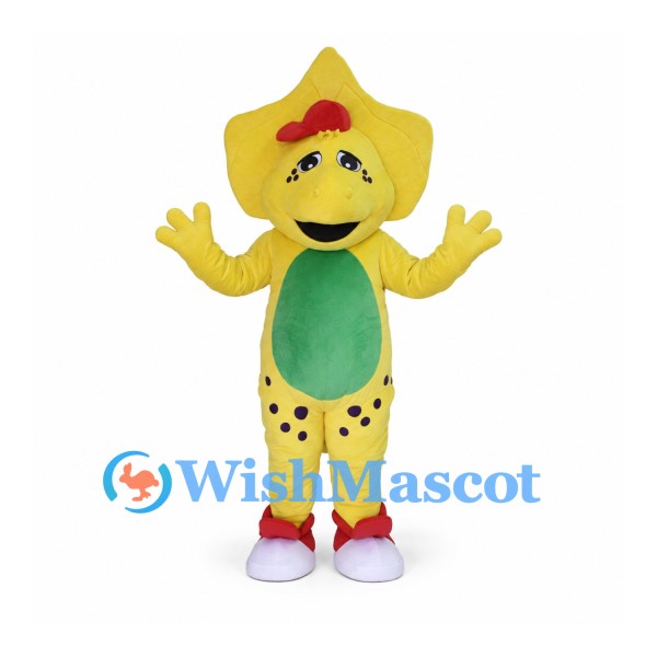 Dragon Mascot Costume in Yellow with Star Shaped Head and Green Belly