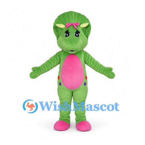 Dinosaur Mascot Costume in Green with Pink Belly and Hair Bow
