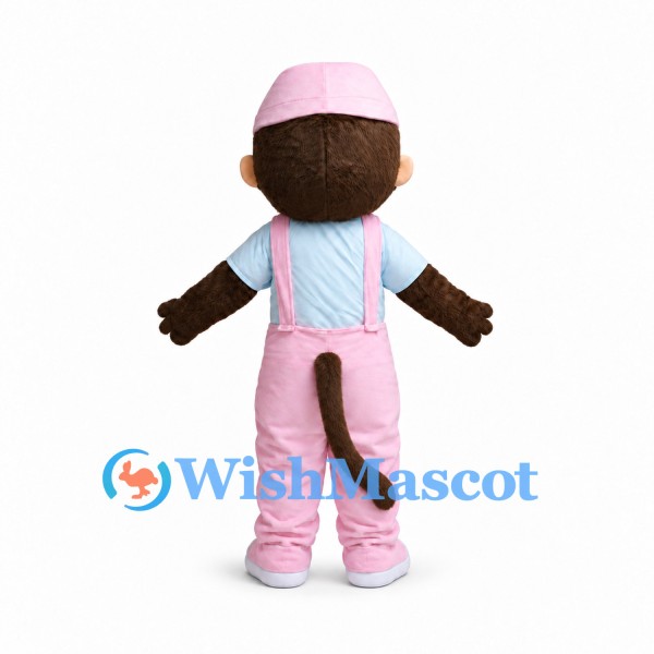 Monkey Mascot Costume with Pink Cap and Pink Overalls