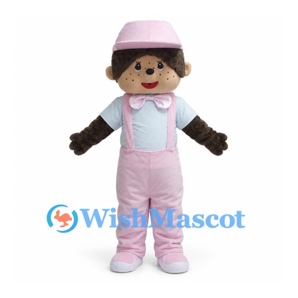 Monkey Mascot Costume with Pink Cap and Pink Overalls