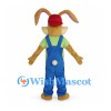 Rabbit Mascot Costume with Red Cap and Blue Overalls