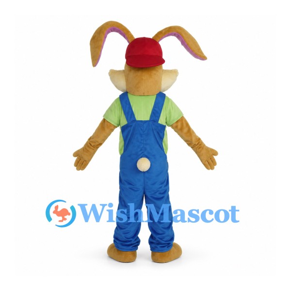Rabbit Mascot Costume with Red Cap and Blue Overalls