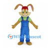 Rabbit Mascot Costume with Red Cap and Blue Overalls