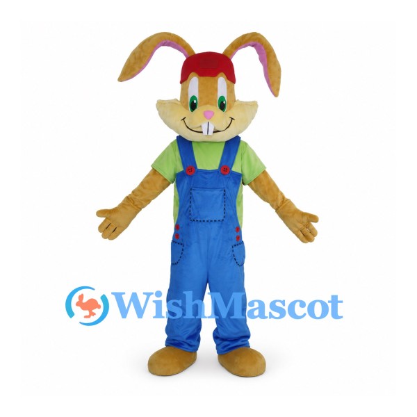 Rabbit Mascot Costume with Red Cap and Blue Overalls
