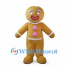 Gingerbread Man Mascot Costume in Tan with Pink Buttons and White Trim