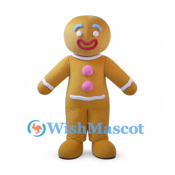 Gingerbread Man Mascot Costume in Tan with Pink Buttons and White Trim