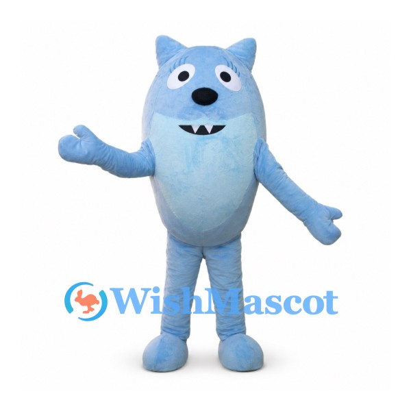 Wolf Mascot Costume in Light Blue with Oval Body and Long Tail