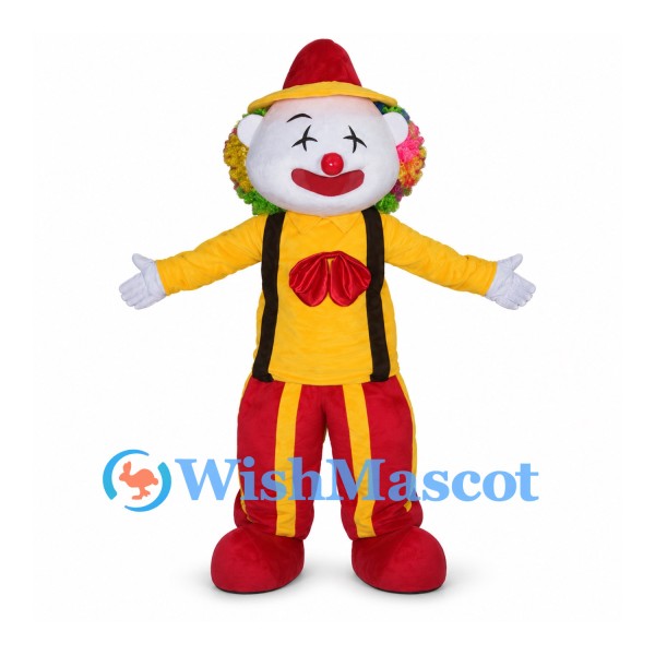 Clown Mascot Costume with Yellow Shirt and Red Striped Pants