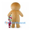 Gingerbread Man Mascot Costume with Red Bow Tie and Candy Cane