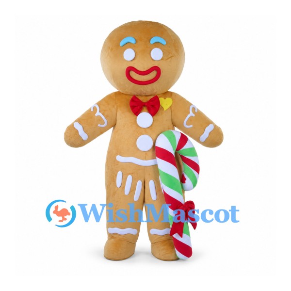 Gingerbread Man Mascot Costume with Red Bow Tie and Candy Cane