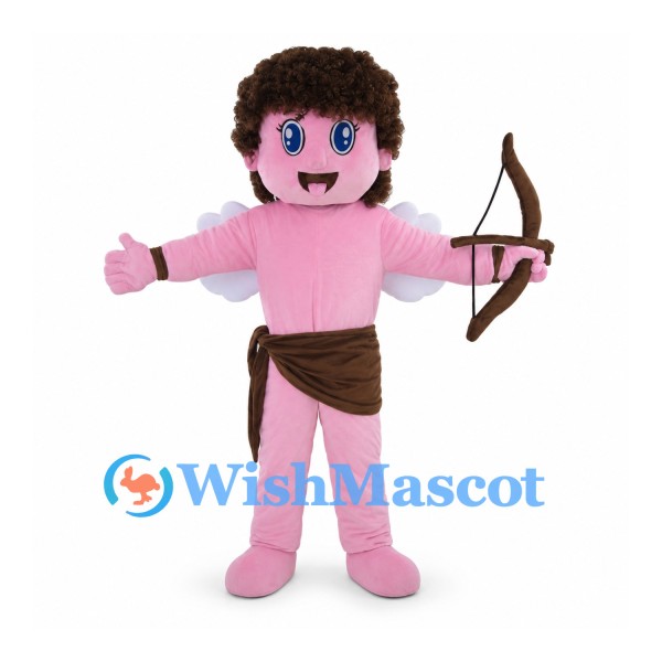 Cupid Mascot Costume with Curly Hair Bow and White Wings