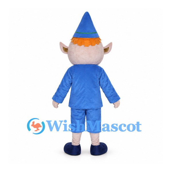 Elf Mascot Costume with Blue Pointed Hat and Blue Outfit