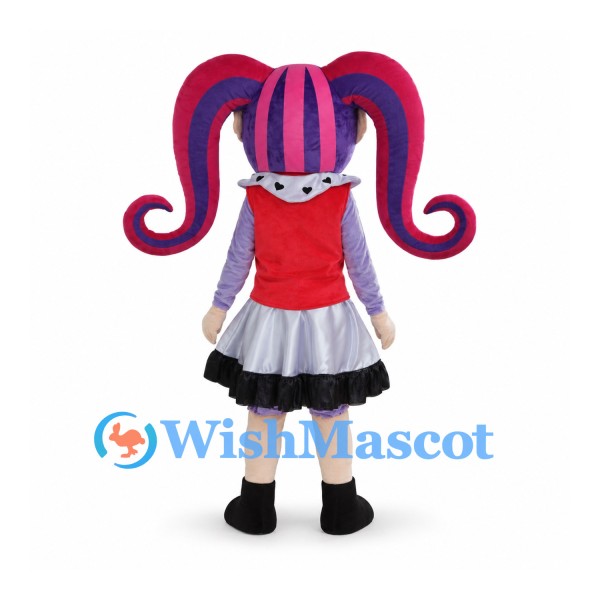 Girl Mascot Costume with Purple Pigtails Red Vest and Black Skirt