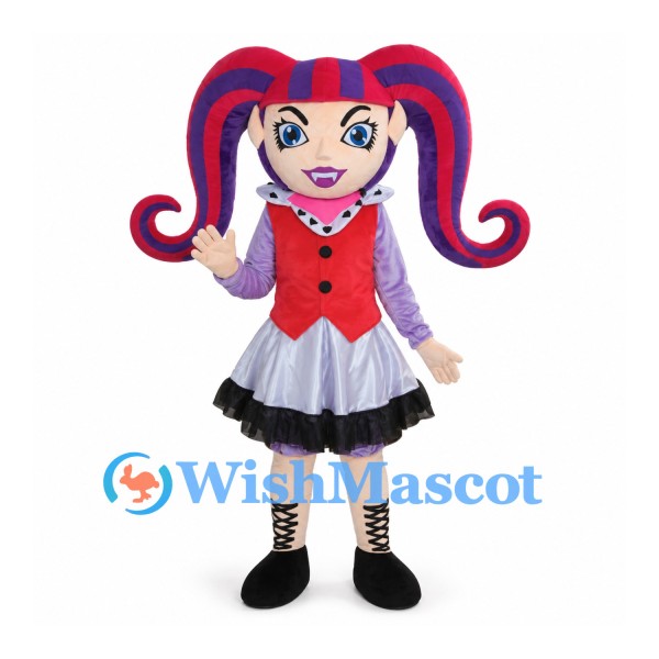 Girl Mascot Costume with Purple Pigtails Red Vest and Black Skirt